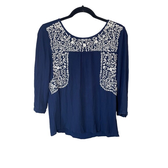 Anthropologie Skies Are Blue Sia Embroidered Peasant Top‎ Size SP Navy White - Picture 7 of 13